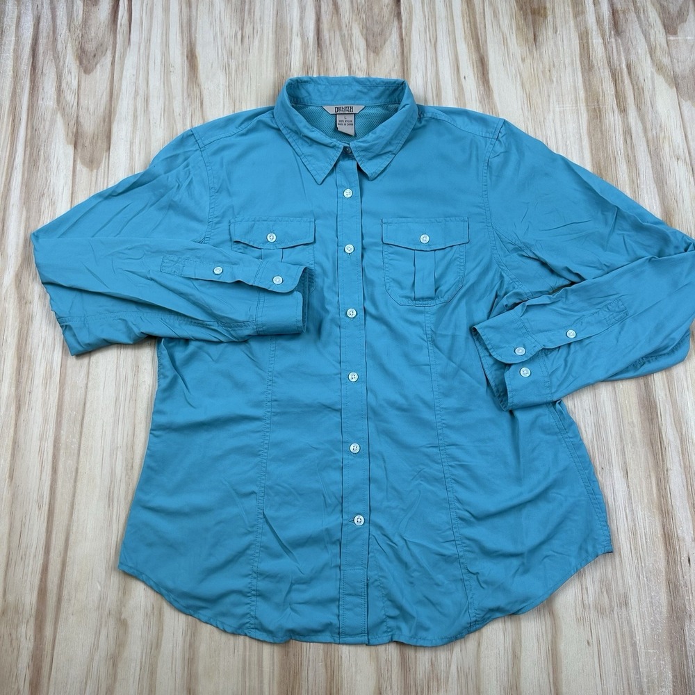 Duluth Women's Medium Blue Nylon Button Shirt Fishing Outdoor Performance Large
